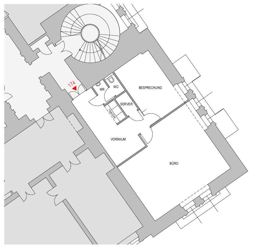 Grundrissplan einer Büroeinheit mit Besprechungsraum, Serverraum und WC.