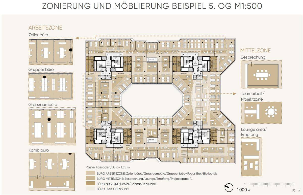 Detaillierter Grundriss eines Bürogebäudes mit verschiedenen Zonen für Einzel-, Gruppen- und Großraumbüros.
