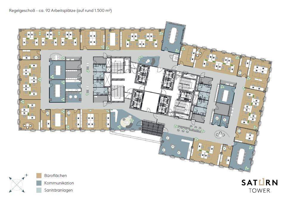 Grundriss eines Regelgeschosses mit Büroflächen, Kommunikationsbereichen und Sanitäranlagen für ca. 92 Arbeitsplätze.