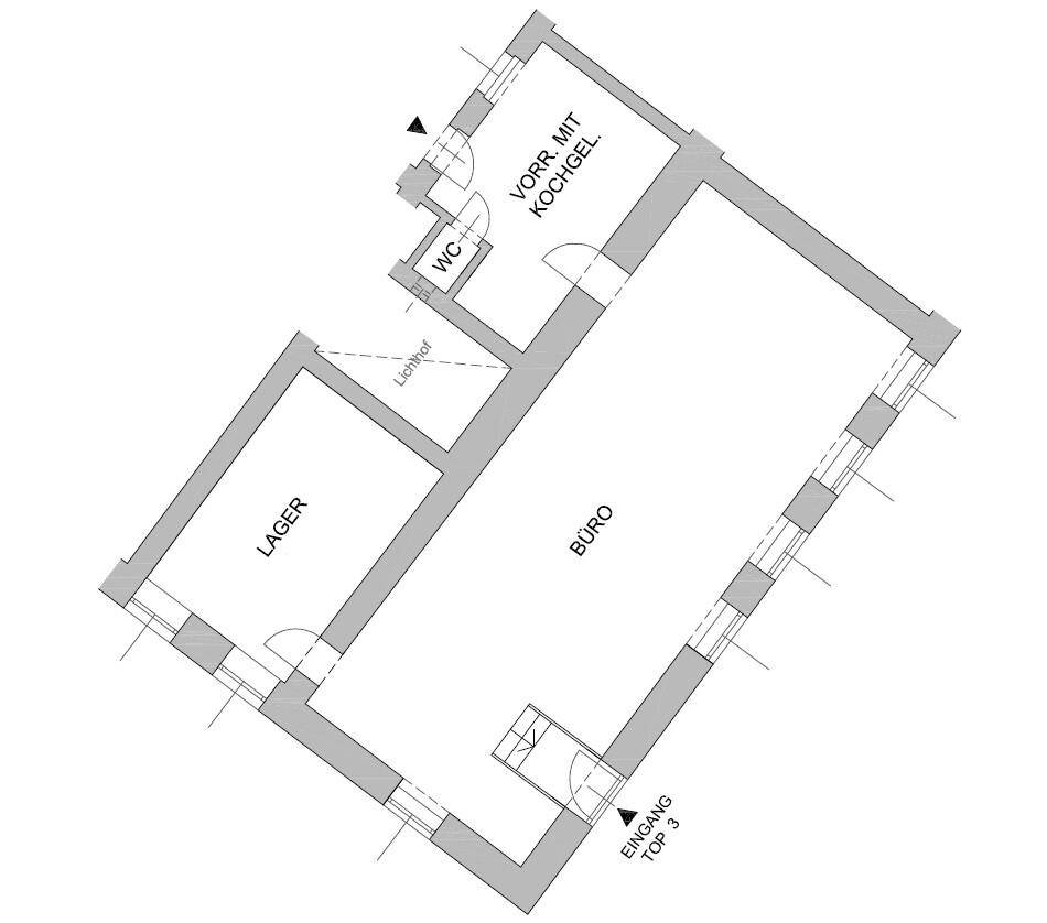Grundrissplan zeigt ein Büro, Lager, WC und einen Vorraum mit Kochnische.