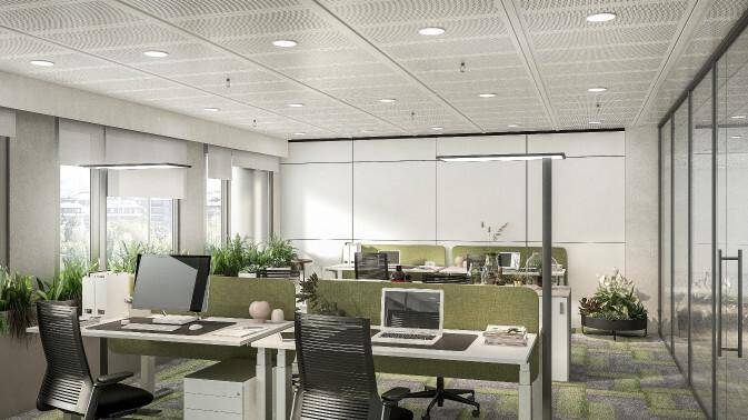 Helles und modernes Großraumbüro mit ergonomischen Arbeitsplätzen, vielen Pflanzen und natürlichem Tageslicht.