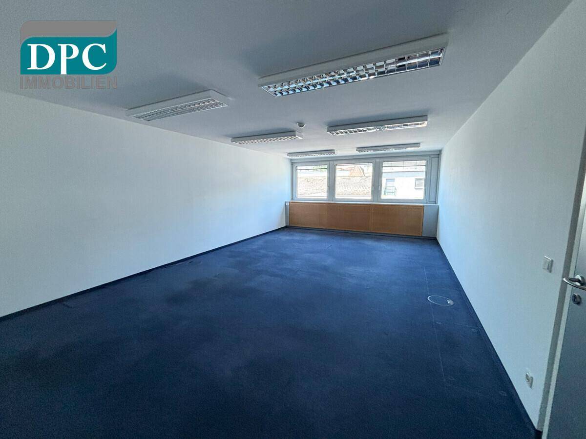 Leeres Büro mit blauem Teppichboden, großen Fenstern und funktionaler Deckenbeleuchtung, ideal für Bürozwecke.
