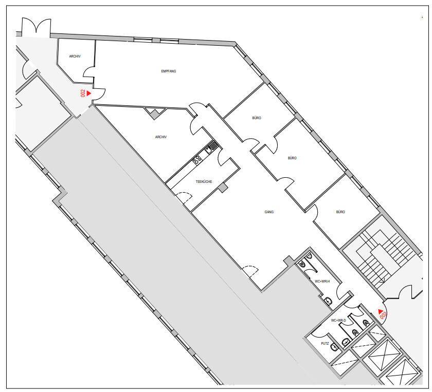 Grundriss einer Büroetage mit Empfangsbereich, mehreren Büros, Teeküche und getrennten Sanitäranlagen.