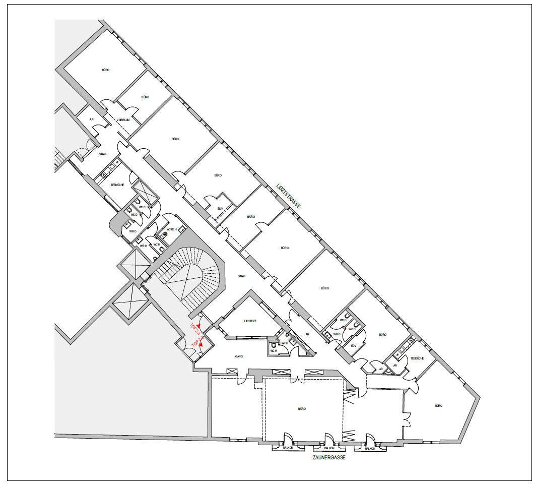 Grundrissplan eines Bürogebäudes mit mehreren Büroeinheiten und zentralem Treppenhaus.