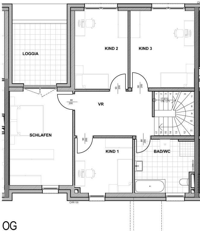 Grundriss des Obergeschosses mit drei Schlafzimmern, Bad und Loggia.