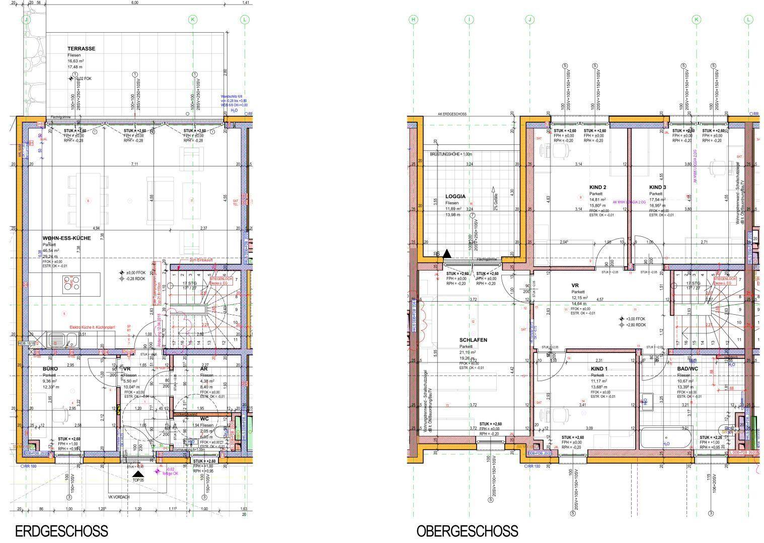 Detaillierte Grundrisse von Erdgeschoss und Obergeschoss mit Raumaufteilung.