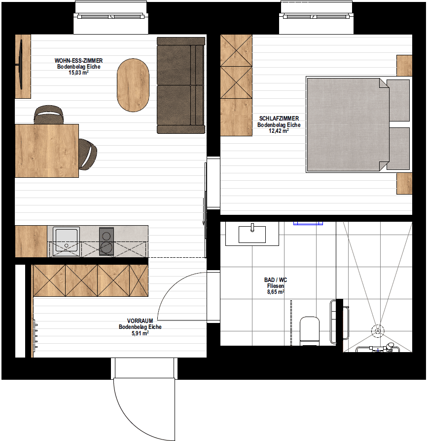 Grundriss einer modernen Wohnung mit offenem Wohnbereich, Schlafzimmer und Badezimmer.