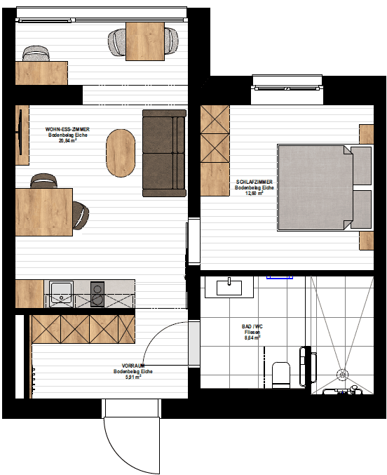 Grundriss einer Wohnung mit Wohn-Esszimmer, Schlafzimmer und Bad.