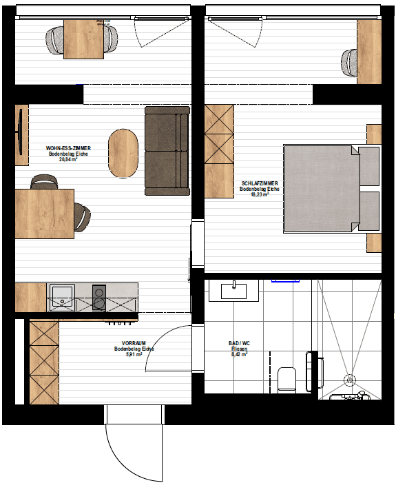 Grundriss einer Wohnung mit Wohn-Esszimmer, Schlafzimmer und Bad.
