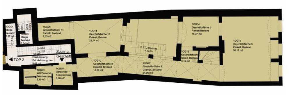 Grundrissplan des Obergeschosses mit mehreren Geschäftsflächen und Treppenhaus.