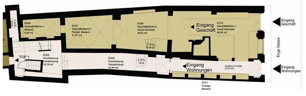 Grundrissplan des Erdgeschosses mit separaten Eingängen für Geschäft und Wohnungen.