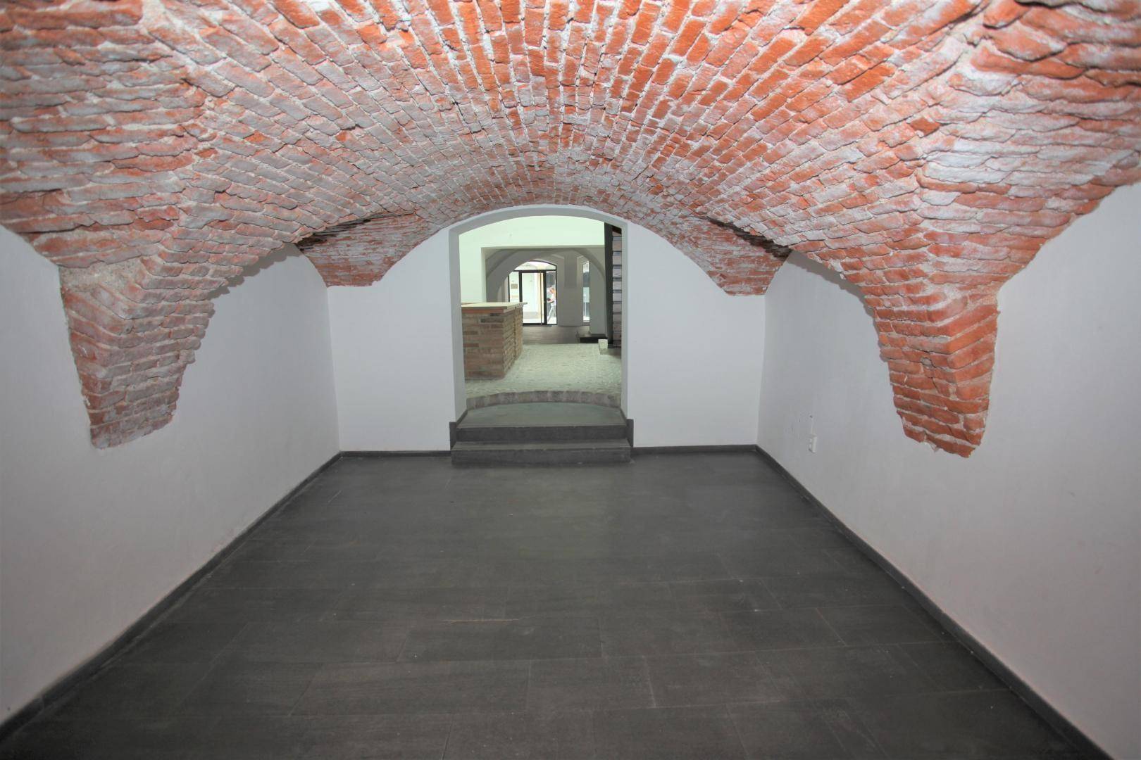 Rustikaler Kellerraum mit freigelegter Ziegelgewölbedecke und dunklem Fliesenboden, der eine einzigartige Atmosphäre schafft.