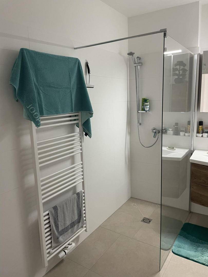 Geräumige begehbare Dusche mit Glasabtrennung und beheiztem Handtuchhalter.