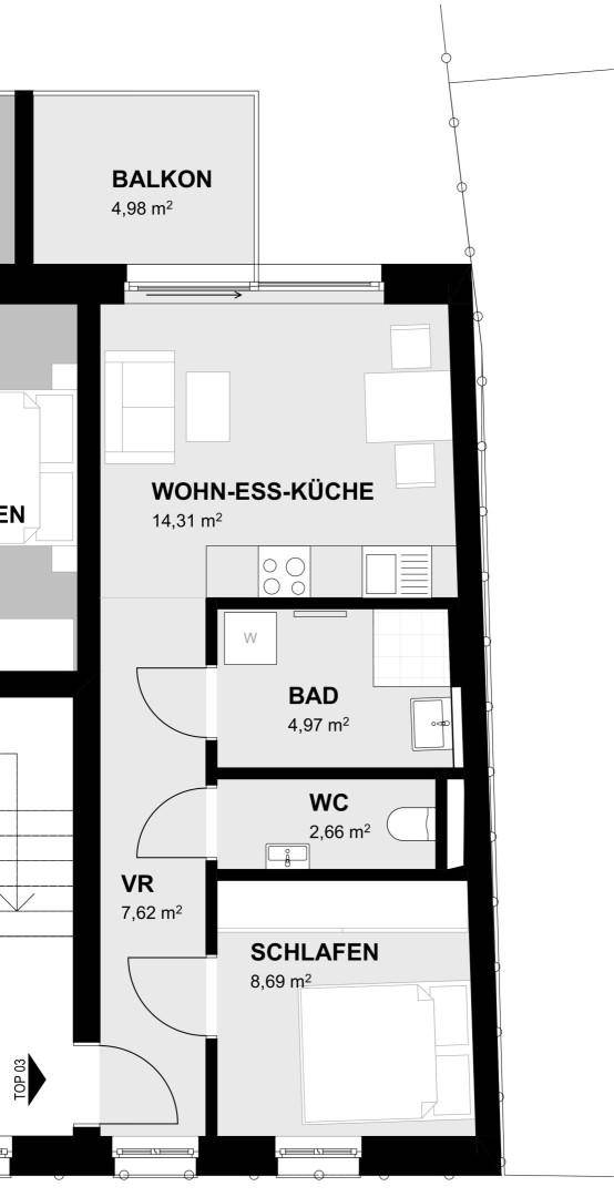Grundriss einer Wohnung mit Wohn-Ess-Küche, Schlafzimmer, Bad, WC und Balkon.