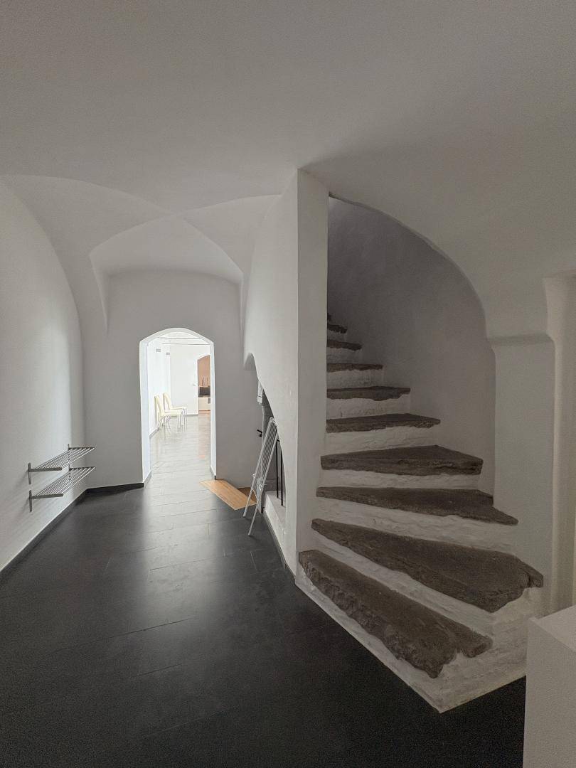 Flur mit Steintreppe, gewölbter Decke und dunklem Fliesenboden.