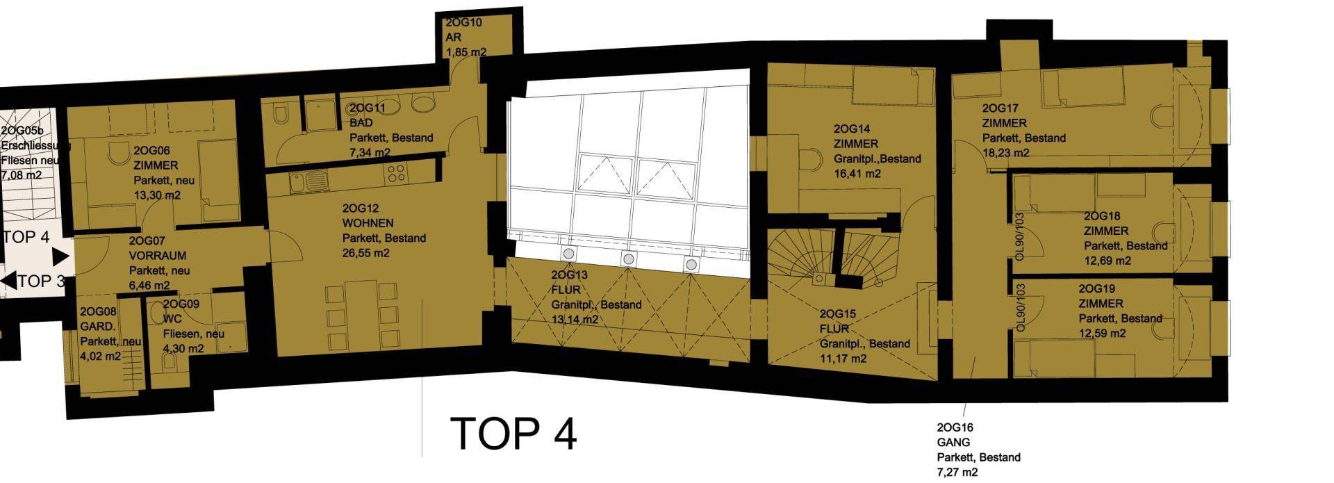 Grundriss der Wohnung mit verschiedenen Zimmern und Flächenangaben.