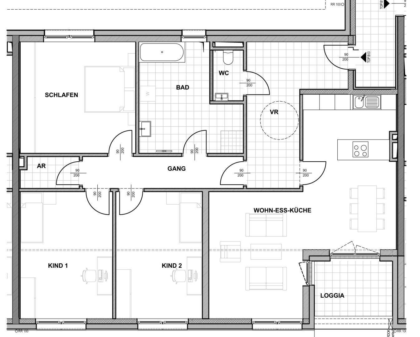 Grundriss einer Wohnung mit drei Schlafzimmern, offenem Wohnbereich und Loggia.