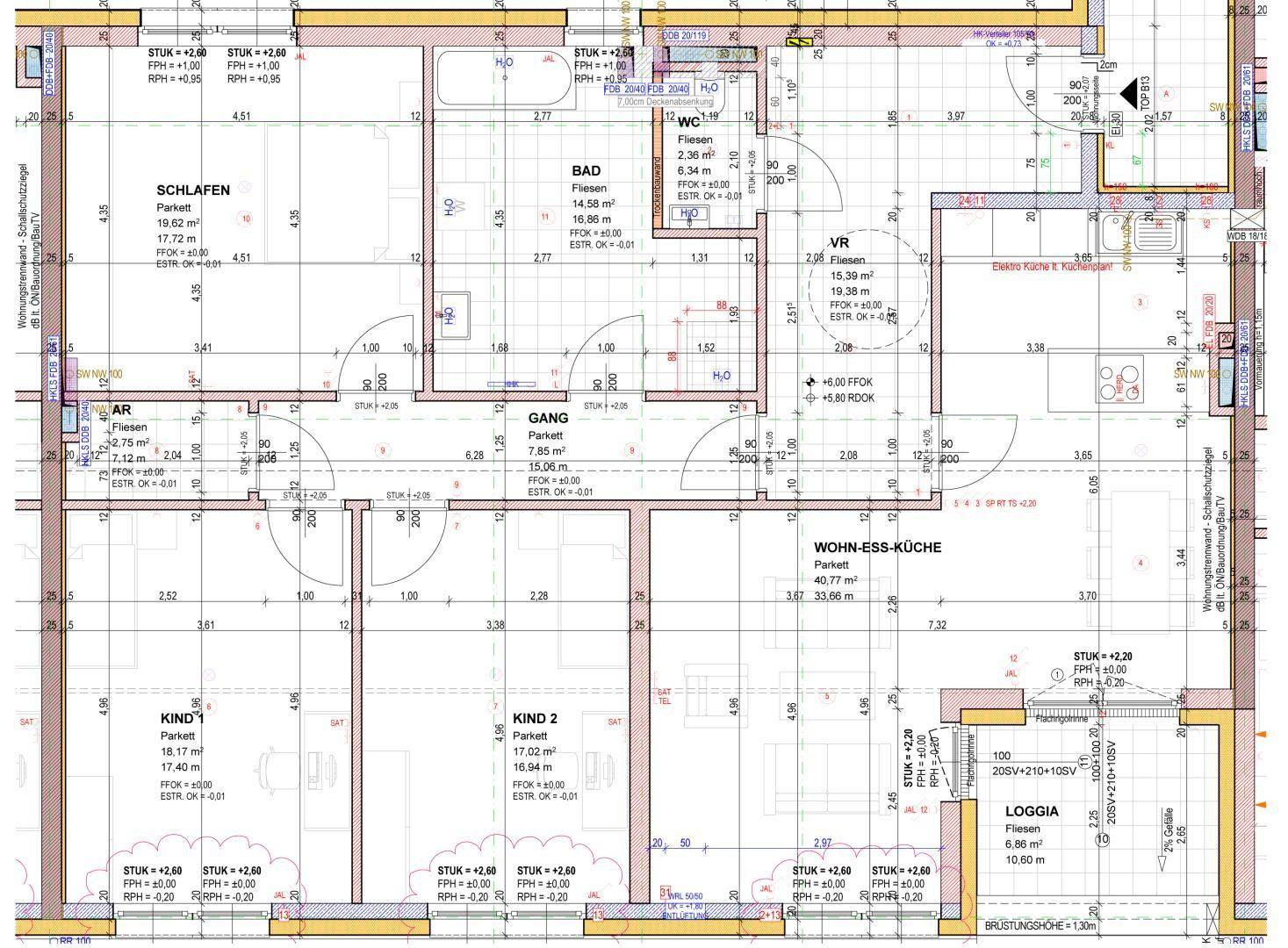 Detaillierter Grundriss einer Wohnung mit Flächenangaben, drei Schlafzimmern und Loggia.
