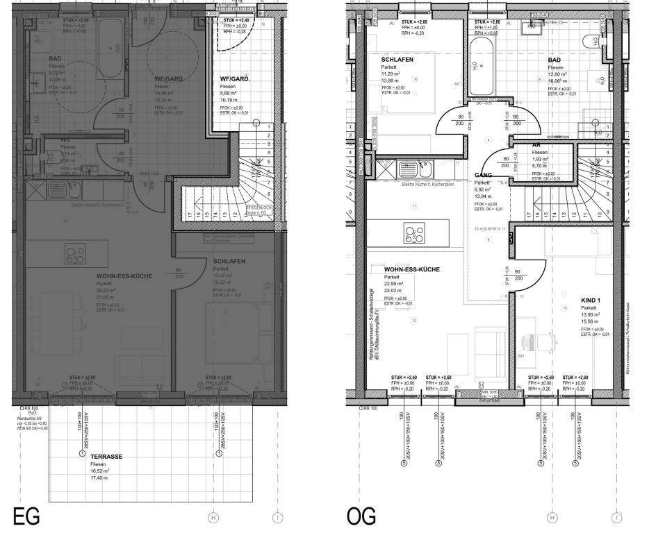 Grundriss für Erdgeschoss und Obergeschoss mit Wohn-Ess-Küche und Terrasse.