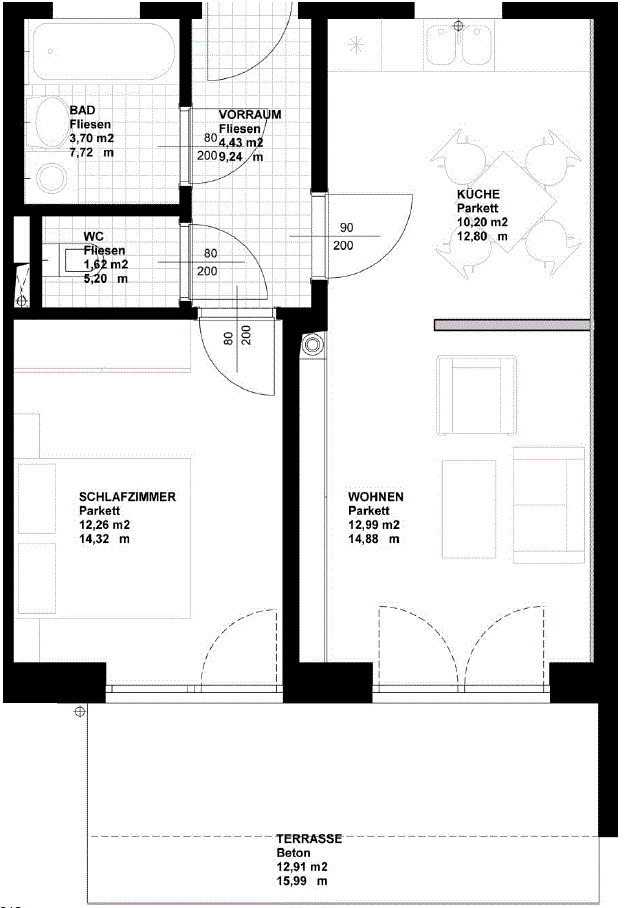 Detaillierter Grundriss einer Wohnung mit Küche, Wohnzimmer, Schlafzimmer und Terrasse.