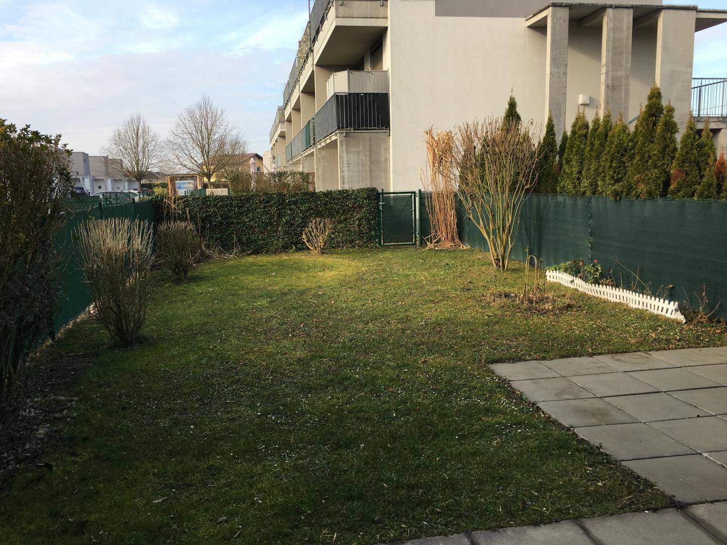Kleiner Gartenbereich mit Rasenfläche und Hecke, ideal für Entspannung im Freien.