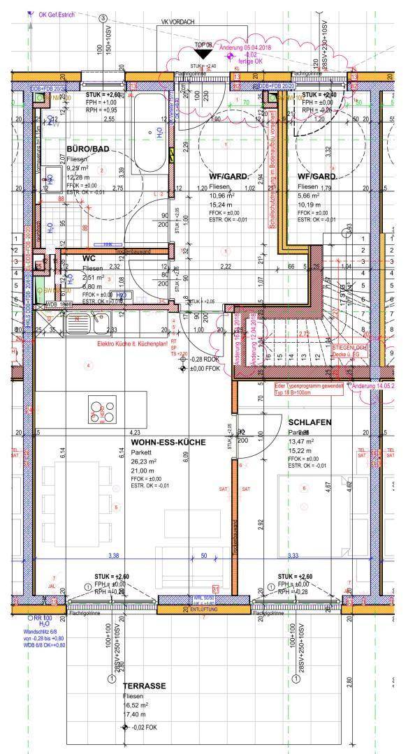 Grundrissplan einer Wohnung mit Wohn-Ess-Küche, Schlafzimmer und Terrasse.