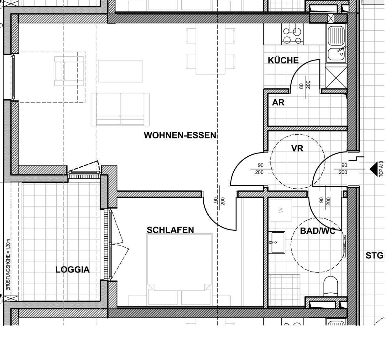 Übersichtlicher Grundriss einer Wohnung mit offener Raumaufteilung und Loggia.