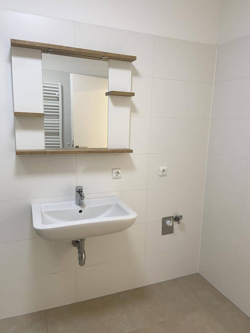 Detailansicht des Badezimmers mit Einzelwaschbecken, Spiegelschrank und modernen Armaturen.