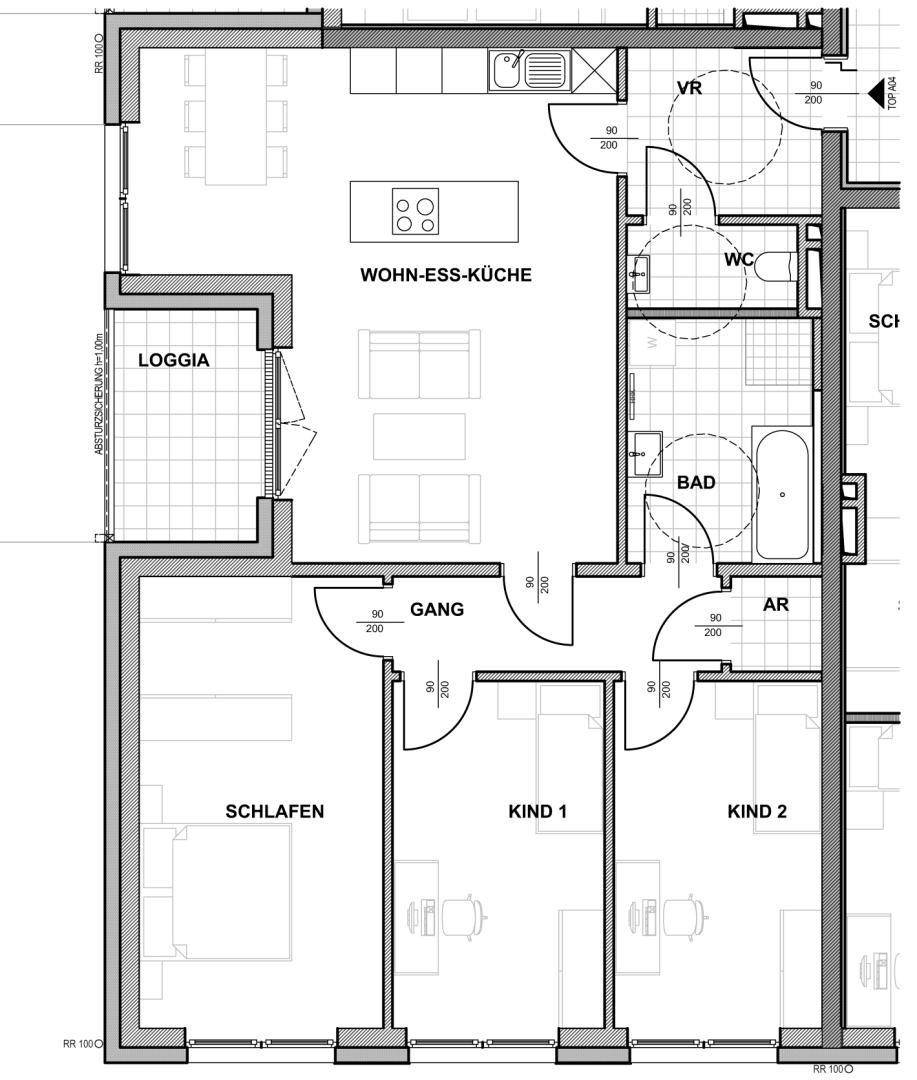 Grundriss einer Wohnung mit offenem Wohn-Ess-Küchenbereich, drei Schlafzimmern und Loggia.