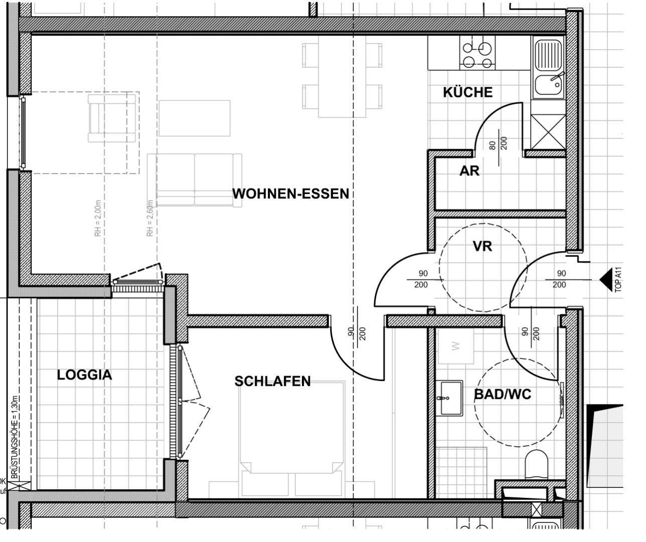 Grundriss einer Wohnung mit Wohn-Essbereich, Küche, Schlafzimmer, Bad und Loggia.