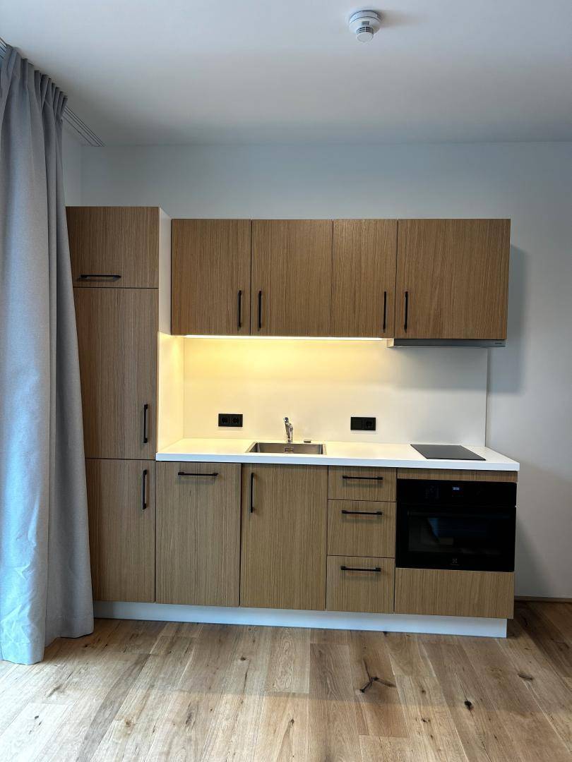 Kompakte, moderne Küchenzeile mit Holzfronten, integriertem Backofen und Induktionskochfeld.