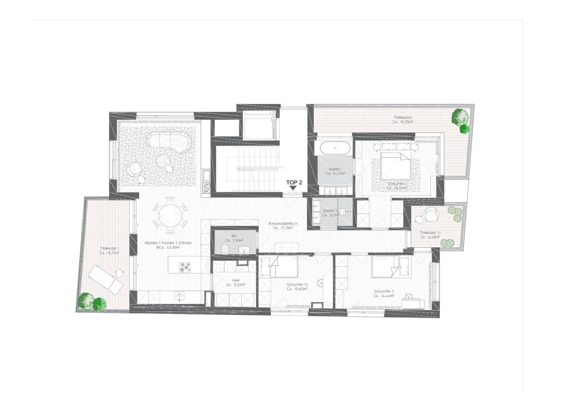 Grundriss einer Wohnung mit mehreren Terrassen, zwei Bädern und offenem Wohnbereich.