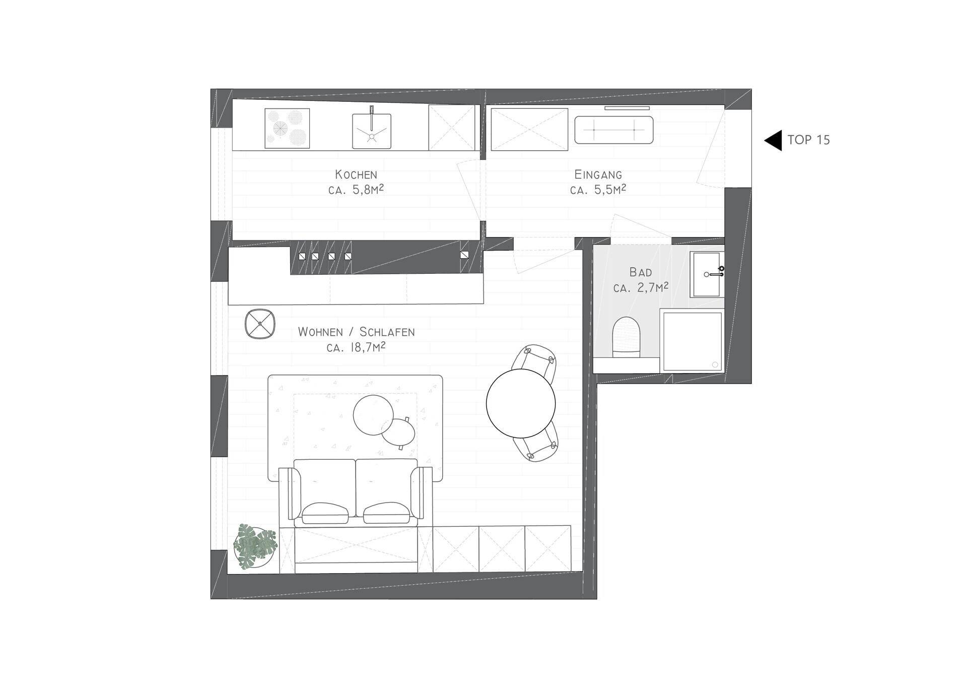 Grundriss der Wohnung TOP 15 mit offenem Wohn-/Schlafbereich und Balkon.