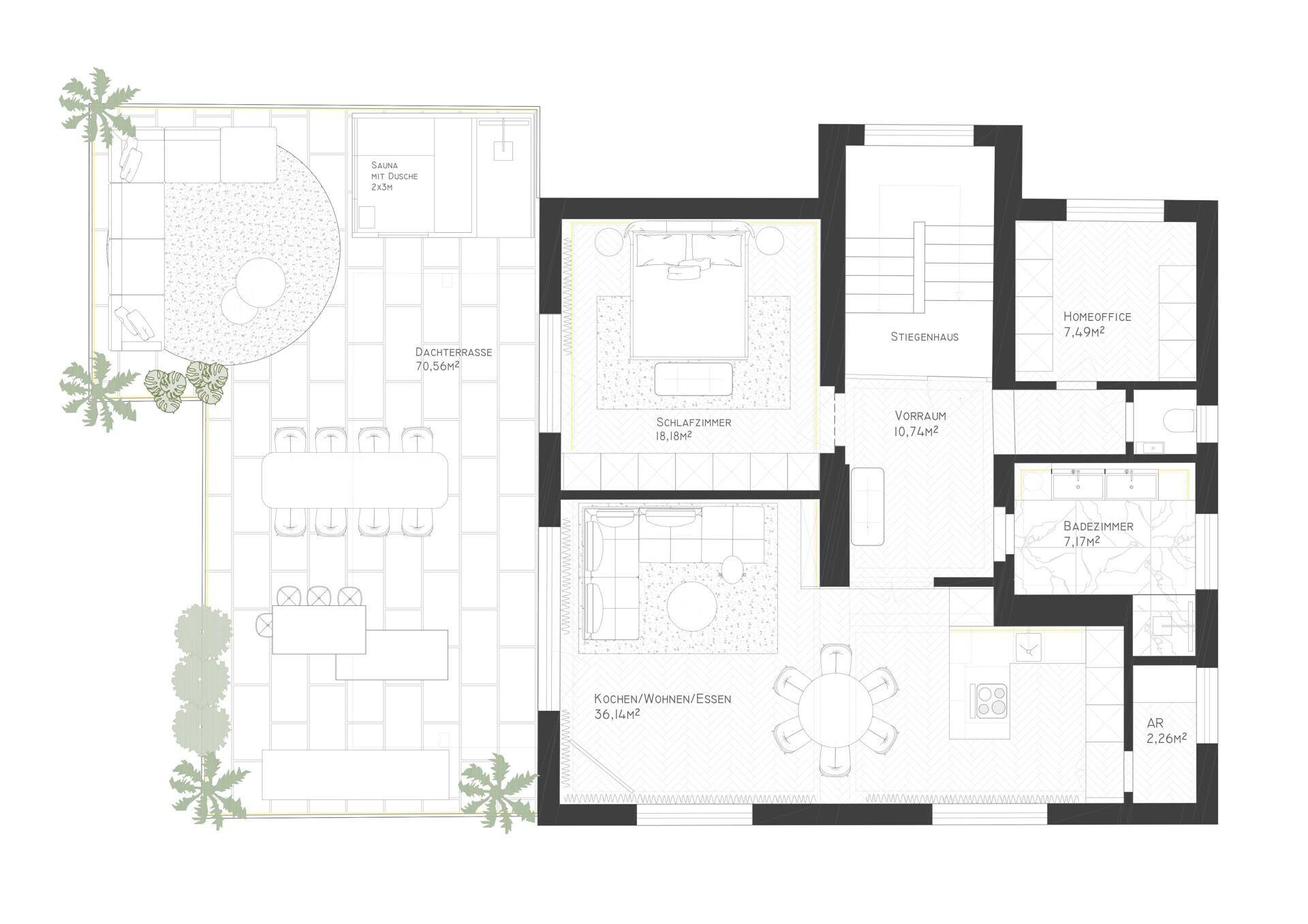 Grundrissplan einer Wohnung mit offenem Wohnbereich, Schlafzimmer, Homeoffice und großer Dachterrasse inklusive Sauna.