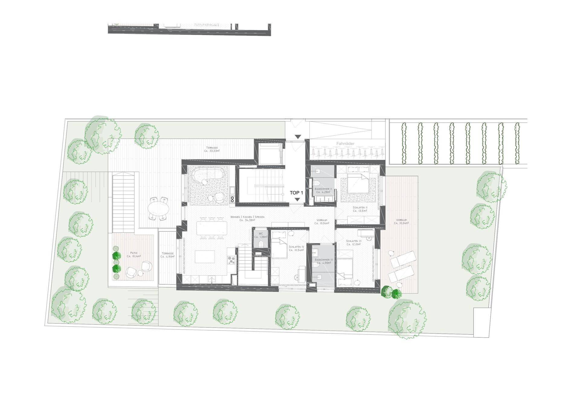 Grundriss der Erdgeschosswohnung mit großzügiger Terrasse und Gartenanteil.