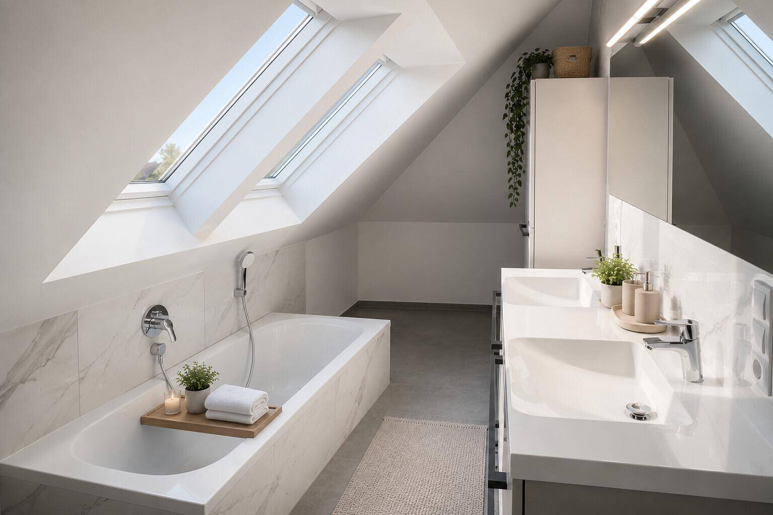 Modernes Badezimmer mit Badewanne, Doppelwaschbecken und Dachfenstern für viel Tageslicht.