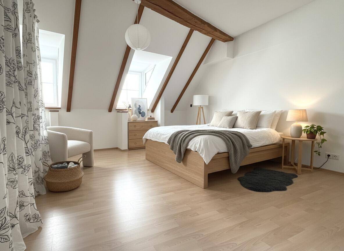 Helles Schlafzimmer im Dachgeschoss mit Holzbalken, Dachfenster und hellem Holzboden.