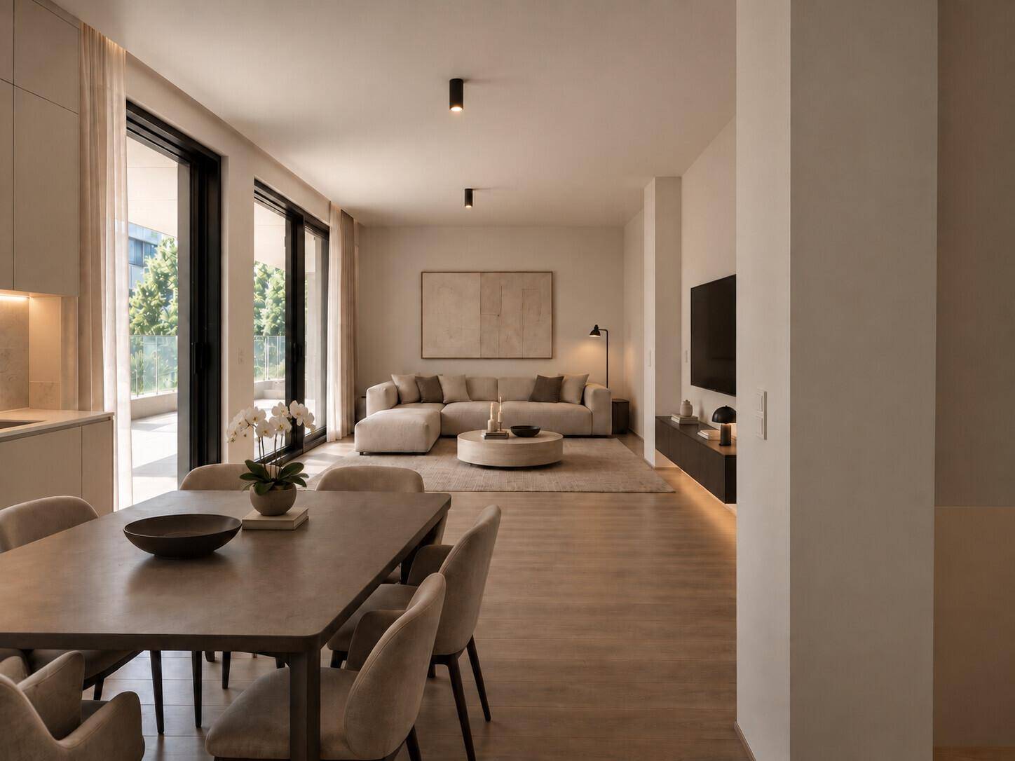 Geräumiger Wohn- und Essbereich mit moderner Einrichtung und Zugang zur Terrasse.