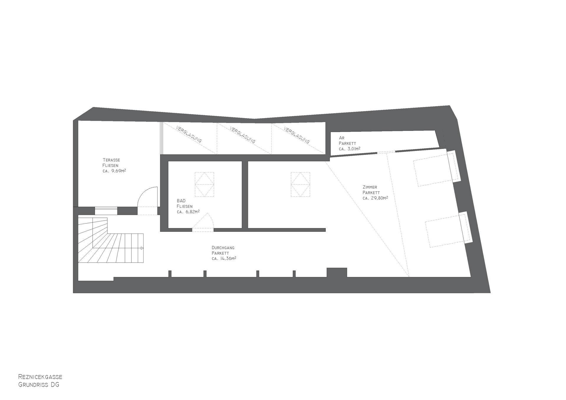 Grundriss des Dachgeschosses mit Terrasse, Bad und Zimmer.