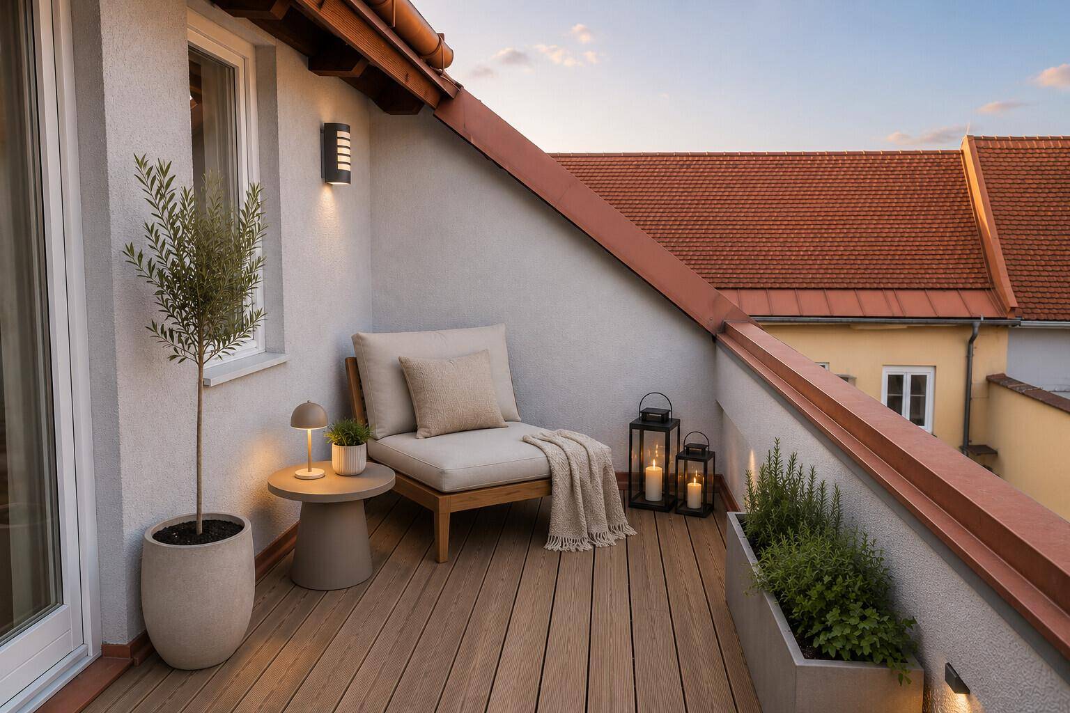 Gemütlicher Balkon mit Holzboden, bequemer Liege und Laternen für entspannte Abende.