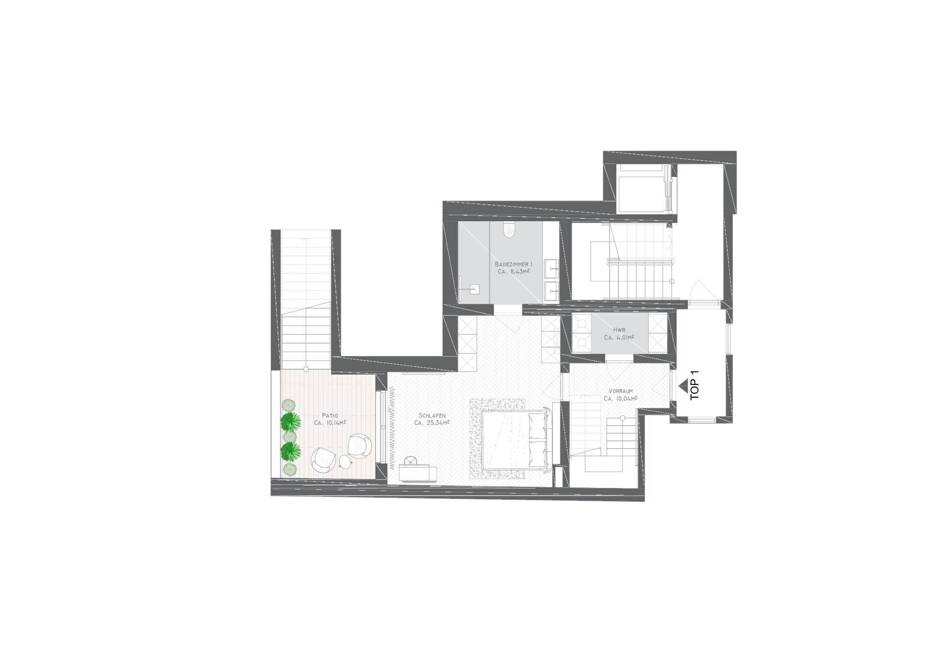 Grundriss des Obergeschosses mit Schlafzimmer, Bad und Zugang zu einer weiteren Terrasse.