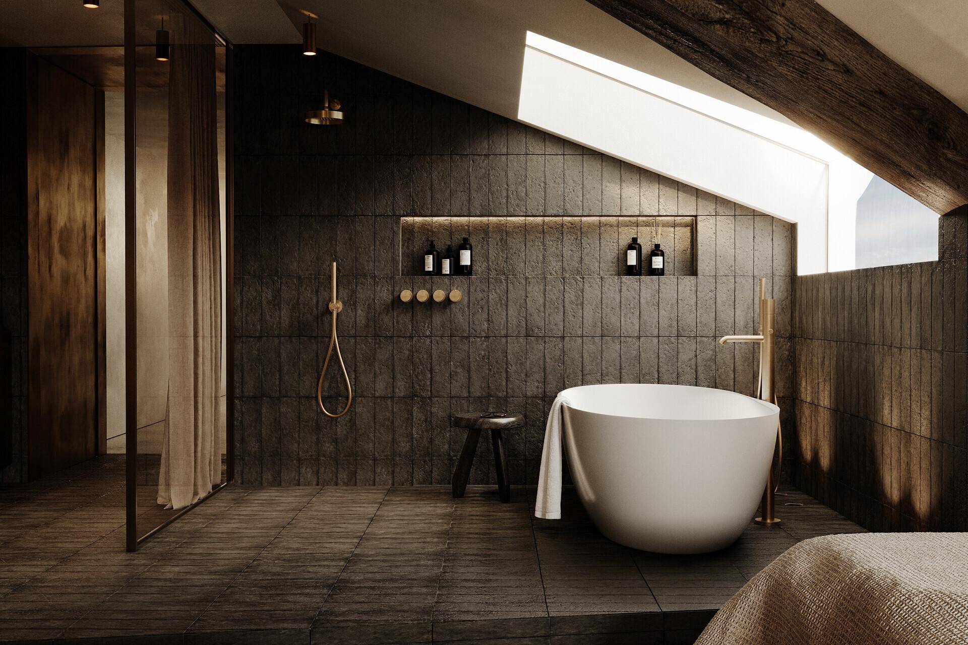 Luxuriöses Badezimmer im Dachgeschoss mit freistehender Badewanne, Dusche und dunklen Fliesen.