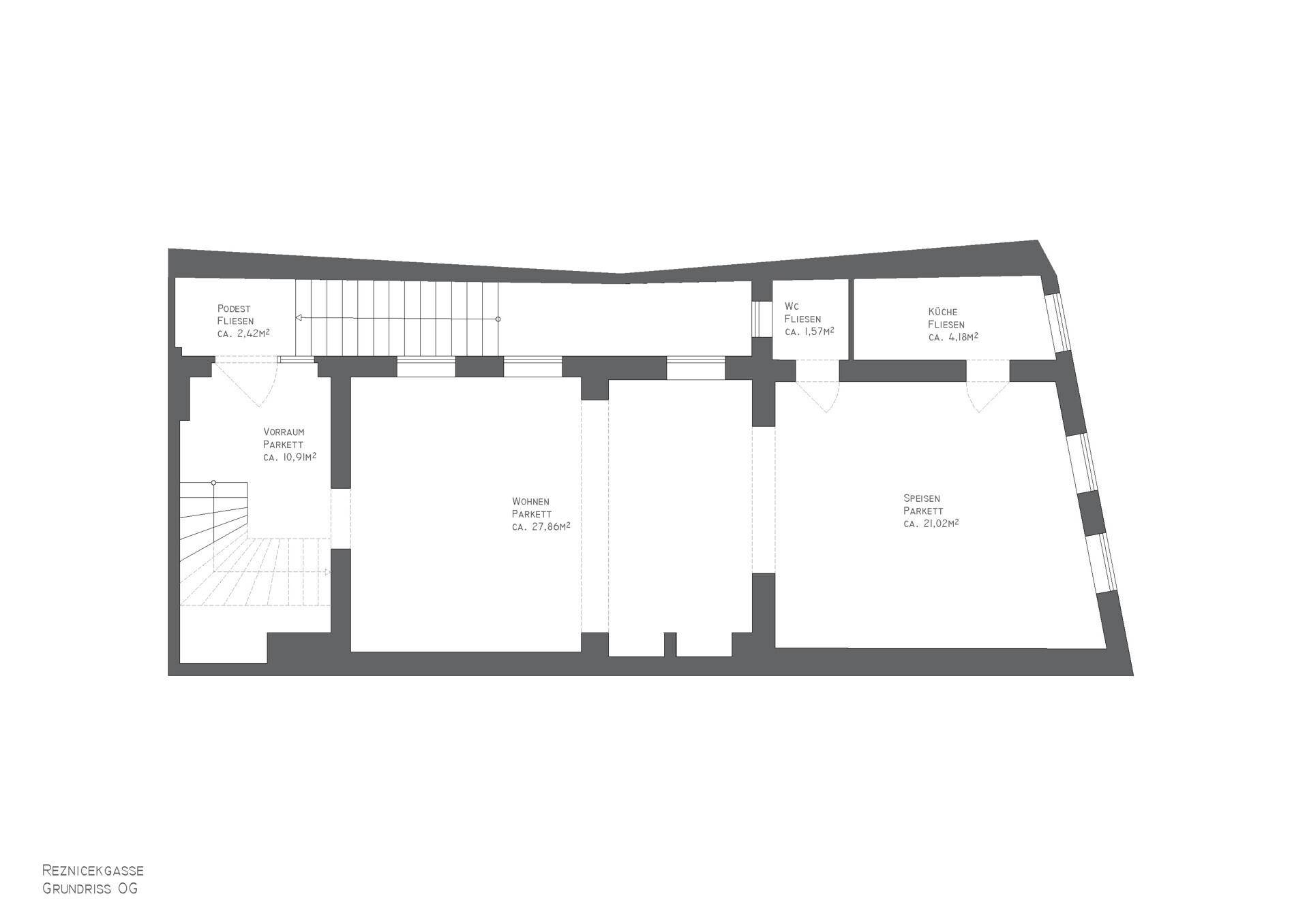Grundriss des Obergeschosses mit Wohnbereich, Küche und WC.