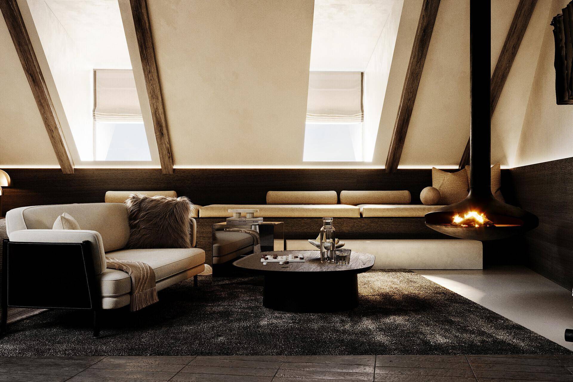 Wohnzimmer im Dachgeschoss mit modernem Kamin, bequemen Sofas und großen Dachfenstern.