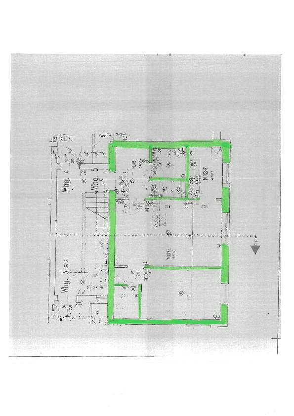 Grundriss einer Wohneinheit mit separater Küche, Bad und Wohnzimmer, auf einer Etage mit mehreren Wohnungen.