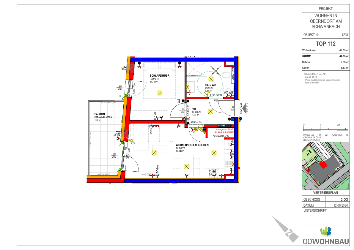 Detaillierter Grundriss einer modernen Wohnung mit offenem Wohnbereich, Schlafzimmer, Bad und Balkon.
