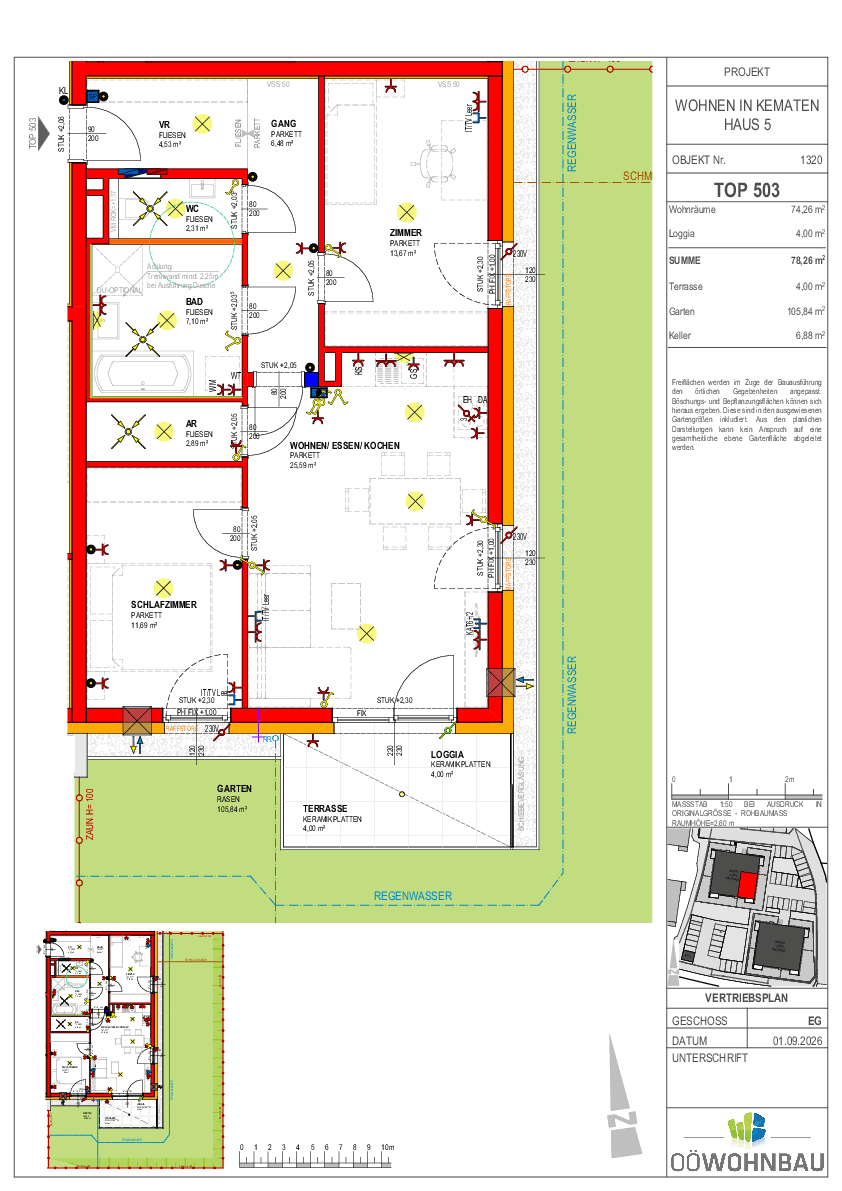 Detaillierter Grundriss einer Erdgeschosswohnung mit offenem Wohnbereich, Garten, Terrasse und Loggia.