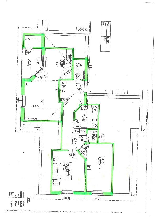 Grundrissplan einer Wohnung mit offener Wohnküche, Bad, Kinderzimmer und einem Balkon.