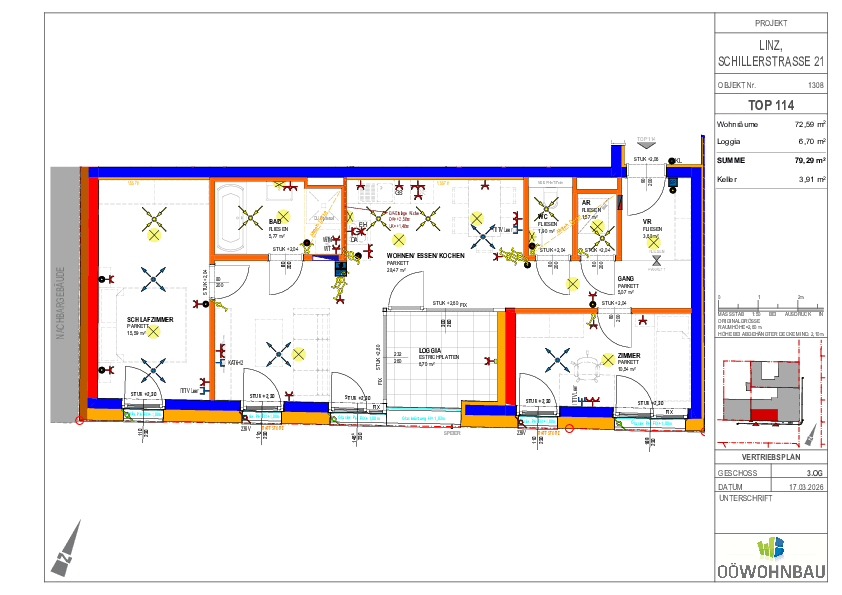 Grundrissplan einer Wohnung mit offenem Wohn-Ess-Kochbereich, zwei Schlafzimmern, Bad, separatem WC und Loggia.