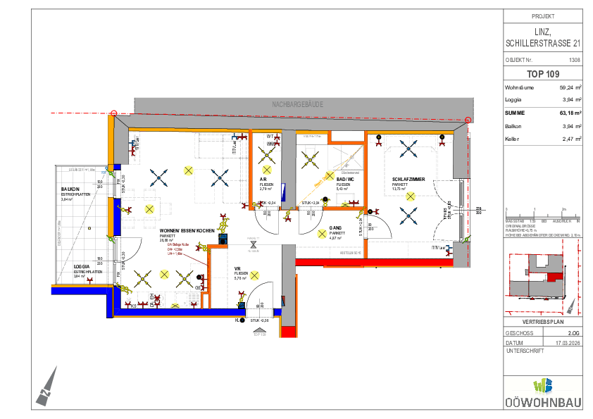 Grundriss einer Wohnung mit offenem Wohn-Essbereich, Schlafzimmer, Bad, WC, Abstellraum, Loggia und Balkon.